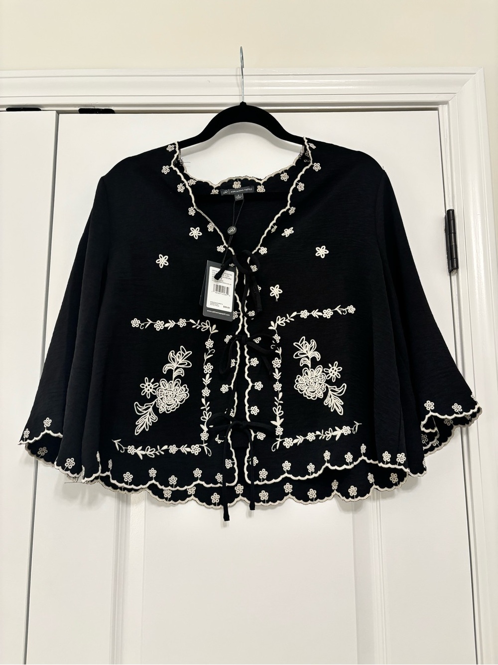 Adrianna Papell Black and Cream Embroidered Tie-Front Top